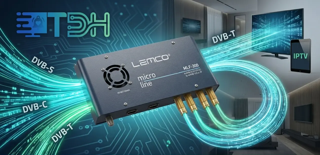 Grafika wyróżniająca na blog TDH. Pośrodku znajduje się stacja czołowa Lemco Micro Line (model MLF-300) w ciemnoszarej obudowie, z widocznym wentylatorem i złączami. Z urządzenia wychodzą dynamiczne, świecące turkusowo-zielone strumienie danych, które płyną w kierunku telewizora i tabletu. Nad strumieniami widoczne są oznaczenia standardów sygnału, takie jak DVB-T i IPTV. W lewym górnym rogu znajduje się logotyp portalu TDH (Telewizja Digitalizacja Hotelarstwo) z charakterystyczną ikoną dzwonka. Tło grafiki stanowi abstrakcyjny, świecący wzór płytki drukowanej w odcieniach błękitu i zieleni, zarysu nowoczesnego wnętrza hotelowego i globalnej sieci. W dolnej części obrazka, na ciemnym pasku, widoczny jest biały napis w języku polskim: „Stacje czołowe Lemco Micro Line – kompaktowe rozwiązania TV i IPTV”.