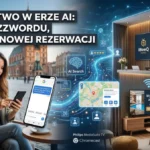 Kolaż przedstawiający nowoczesne hotelarstwo w erze AI: po lewej kobieta szuka hotelu w Krakowie za pomocą asystenta AI w smartfonie, pośrodku wizualizacja przepływu danych i algorytmów, po prawej nowoczesne lobby i pokój hotelowy z logotypem iBeeQ oraz profesjonalnymi telewizorami Philips i LG. Napis: "Hotelarstwo w erze AI: Koniec buzzwordu, początek nowej rezerwacji"