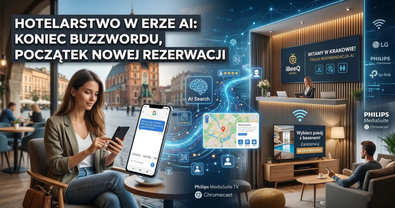 Kolaż przedstawiający nowoczesne hotelarstwo w erze AI: po lewej kobieta szuka hotelu w Krakowie za pomocą asystenta AI w smartfonie, pośrodku wizualizacja przepływu danych i algorytmów, po prawej nowoczesne lobby i pokój hotelowy z logotypem iBeeQ oraz profesjonalnymi telewizorami Philips i LG. Napis: "Hotelarstwo w erze AI: Koniec buzzwordu, początek nowej rezerwacji"