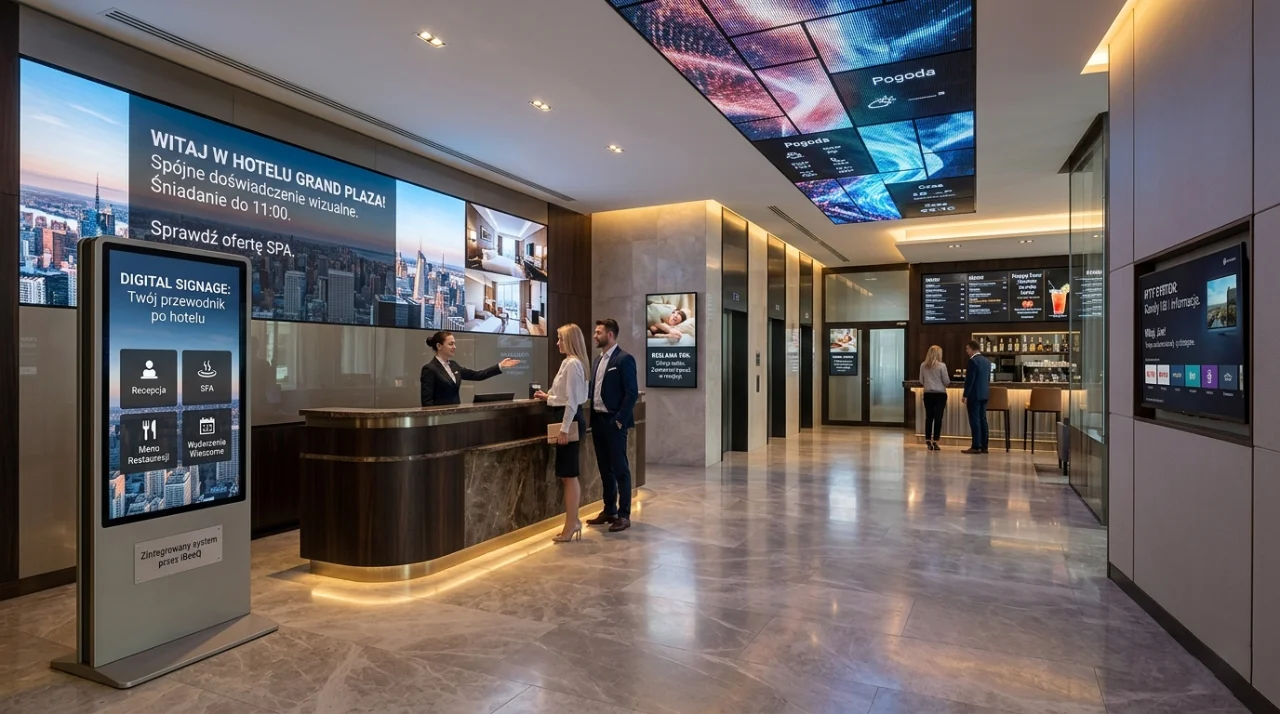 Fotorealistyczne ujęcie nowoczesnego lobby hotelowego, prezentujące kompleksowe wdrożenie systemów Digital Signage i IPTV przez firmę iBeeQ. Na pierwszym planie widoczny jest pionowy totem informacyjny z interfejsem iBeeQ, wyświetlający przewodnik po hotelu, menu restauracji i ofertę SPA w języku polskim. Za ladą recepcyjną znajduje się panoramiczna ściana LED zintegrowana przez iBeeQ, która wita gości spersonalizowanymi komunikatami. Wzdłuż korytarzy i przy windach rozmieszczone są ekrany typu „portrait” oraz systemy telewizji hotelowej iBeeQ, demonstrujące pełną kontrolę nad contentem w różnych formatach (16:9, 9:16, 21:9). Całość ilustruje spójne doświadczenie wizualne i technologiczną synergię rozwiązań dostarczanych przez iBeeQ, od ekranów powitalnych po zaawansowane systemy rozrywki w pokoju gościa.
