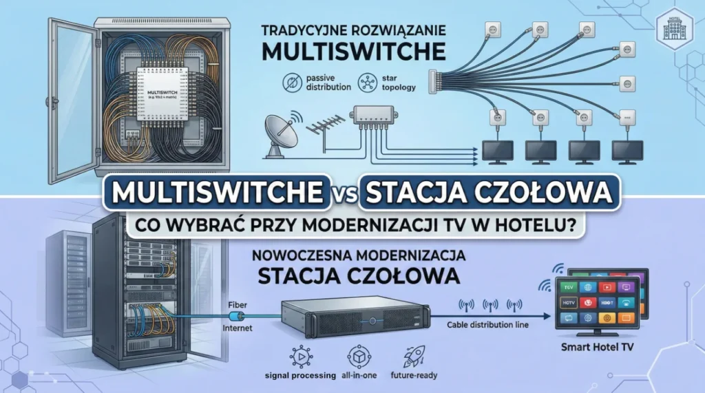 Porównanie instalacji TV w hotelu: tradycyjny system multiswitch (passive distribution) kontra nowoczesna modernizacja – stacja czołowa (signal processing, all-in-one, future-ready) współpracująca ze Smart Hotel TV.