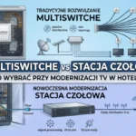 Porównanie instalacji TV w hotelu: tradycyjny system multiswitch (passive distribution) kontra nowoczesna modernizacja – stacja czołowa (signal processing, all-in-one, future-ready) współpracująca ze Smart Hotel TV.