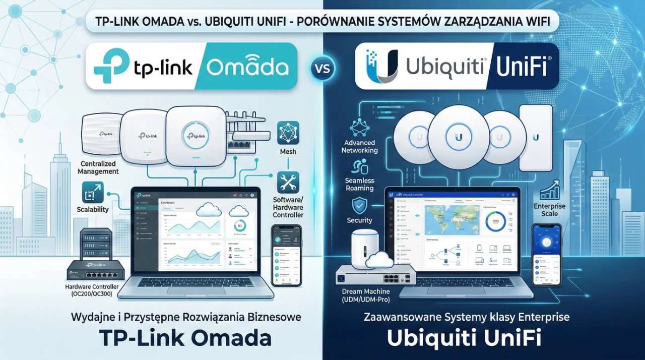 Grafika porównawcza systemów Wi-Fi: TP-Link Omada kontra Ubiquiti UniFi. Po lewej stronie sekcja TP-Link Omada z logo, punktami dostępowymi, kontrolerem sprzętowym OC200 oraz interfejsem dashboardu na laptopie. Po prawej stronie sekcja Ubiquiti UniFi z urządzeniami z serii Dream Machine, punktami dostępowymi oraz interfejsem UniFi Network. W tle nowoczesne miasto, a pośrodku napis „VS” symbolizujący pojedynek obu systemów zarządzania siecią.