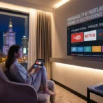 Zdjęcie przedstawia młodą kobietę relaksującą się w fotelu w nowoczesnym, nastrojowo oświetlonym pokoju hotelowym. W dłoni trzyma tablet, za pomocą którego steruje treściami wyświetlanymi na dużym telewizorze Smart TV zamontowanym na ścianie. Na ekranie widać interfejs hotelowy z aplikacjami takimi jak YouTube i Netflix. Nad telewizorem znajduje się napis po polsku: „INNOWACJE IT W HOTELACH – WNIOSKI ZE SZCZYTU CHOICE HOTELS”. Za dużym oknem widać spektakularną panoramę Warszawy nocą z oświetlonym Pałacem Kultury i Nauki. Po prawej stronie widoczny jest inteligentny głośnik, a na stoliku kawowym leży magazyn z napisem „TRENDY 2025 Choice Hotels”. Fotografia ma charakter promocyjny, podkreślający zaawansowane rozwiązania technologiczne dla gości hotelowych.