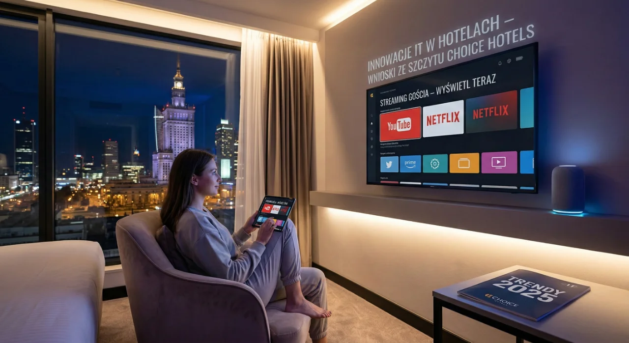 Zdjęcie przedstawia młodą kobietę relaksującą się w fotelu w nowoczesnym, nastrojowo oświetlonym pokoju hotelowym. W dłoni trzyma tablet, za pomocą którego steruje treściami wyświetlanymi na dużym telewizorze Smart TV zamontowanym na ścianie. Na ekranie widać interfejs hotelowy z aplikacjami takimi jak YouTube i Netflix. Nad telewizorem znajduje się napis po polsku: „INNOWACJE IT W HOTELACH – WNIOSKI ZE SZCZYTU CHOICE HOTELS”. Za dużym oknem widać spektakularną panoramę Warszawy nocą z oświetlonym Pałacem Kultury i Nauki. Po prawej stronie widoczny jest inteligentny głośnik, a na stoliku kawowym leży magazyn z napisem „TRENDY 2025 Choice Hotels”. Fotografia ma charakter promocyjny, podkreślający zaawansowane rozwiązania technologiczne dla gości hotelowych.