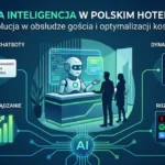 Szczegółowa infografika w stylu futurystycznym zatytułowana „SZTUCZNA INTELIGENCJA W POLSKIM HOTELARSTWIE” z podtytułem „Rewolucja w obsłudze gościa i optymalizacji kosztów”. Centralną część zajmuje nowoczesna recepcja, gdzie robot humanoidalny (AI) obsługuje parę gości hotelowych. Od centrum odchodzą cztery powiązane panel: PERSONALIZACJA I CHATBOTY: Smartfon z wiadomością powitalną: „Witaj Panie Kowalski! Pana ulubiona poduszka czeka.”, ilustrujący wykorzystanie chatbotów do personalizacji pobytu. DYNAMICZNE CENY & RMS: Tablet z wykresem giełdowym i symbolami walut (zł, $), pokazujący system zarządzania przychodami (RMS) oparty na AI. INTELIGENTNE ZARZĄDZANIE: Termostat, żarówka i wykres zużycia energii z rosnącym trendem, symbolizujące optymalizację kosztów operacyjnych przez Smart Management (np. IoT). ROZRYWKA W POKOJU: Telewizor ze spersonalizowaną rekomendacją treści: „Witaj! Rekomendujemy film akcji.”, pokazujący personalizację in-room entertainment. W dolnej części, centralnie, umieszczona jest ikona z napisem „AI”, a w prawym dolnym rogu logo firmy „iBeeQ” z dopiskiem „Integrator rozwiązań hospitality”. Tło jest ciemnoniebieskie, z podświetlonymi na zielono i błękitno ścieżkami technologicznymi.