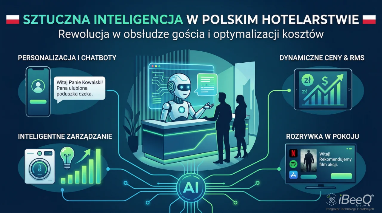 Szczegółowa infografika w stylu futurystycznym zatytułowana „SZTUCZNA INTELIGENCJA W POLSKIM HOTELARSTWIE” z podtytułem „Rewolucja w obsłudze gościa i optymalizacji kosztów”. Centralną część zajmuje nowoczesna recepcja, gdzie robot humanoidalny (AI) obsługuje parę gości hotelowych. Od centrum odchodzą cztery powiązane panel: PERSONALIZACJA I CHATBOTY: Smartfon z wiadomością powitalną: „Witaj Panie Kowalski! Pana ulubiona poduszka czeka.”, ilustrujący wykorzystanie chatbotów do personalizacji pobytu. DYNAMICZNE CENY & RMS: Tablet z wykresem giełdowym i symbolami walut (zł, $), pokazujący system zarządzania przychodami (RMS) oparty na AI. INTELIGENTNE ZARZĄDZANIE: Termostat, żarówka i wykres zużycia energii z rosnącym trendem, symbolizujące optymalizację kosztów operacyjnych przez Smart Management (np. IoT). ROZRYWKA W POKOJU: Telewizor ze spersonalizowaną rekomendacją treści: „Witaj! Rekomendujemy film akcji.”, pokazujący personalizację in-room entertainment. W dolnej części, centralnie, umieszczona jest ikona z napisem „AI”, a w prawym dolnym rogu logo firmy „iBeeQ” z dopiskiem „Integrator rozwiązań hospitality”. Tło jest ciemnoniebieskie, z podświetlonymi na zielono i błękitno ścieżkami technologicznymi.