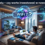 Infografika w stylu futurystycznego luksusowego pokoju hotelowego z widokiem na miasto, w którym siedzi mężczyzna na kanapie, otoczony wieloma urządzeniami (laptop, tablet, telefony, konsola do gier, duży telewizor). Tytuł na górze po polsku: "WiFi 7 w hotelu – czy warto inwestować w nową generację?". Centralnym elementem jest wielościanowa kostka z napisem "WiFi 7" i pytajnikiem, zawieszona w chmurze danych. Lewa strona (Argumenty Za): Lista czterech zalet z ikonami i zielonymi przyciskami "Tak": "Multi-Link Operation (MLO)" z ikoną strzałek. "Większa stabilność" z ikoną tarczy. "Większa liczba urządzeń" z ikoną wielu ekranów. "Niski poziom opóźnień" z ikoną wielokąta. Poniżej znajduje się ilustracja techniczna pokazująca wiele strumieni danych "320 MHz" łączących się w jeden duży kanał "320 MHz". Prawa strona (Infrastruktura i Decyzja): U góry po prawej, dwie szafy serwerowe. Jedna ma napis "SZKIELET SIECI 10G" z wielokolorowymi kablami, druga "STARY SZKIELET 1G" z pytajnikami. Poniżej, pytajniki w ramkach nad telefonem i laptopem z napisem: "SPRZĘT GOŚCI?". Na dole po prawej, diagram decyzyjny (drzewo decyzyjne) z warunkami: "BUDOWA NOWEGO OBIEKTU?" -> Tak (zielone kółko). "KONFERENCJE I EVENTY?" -> Tak (zielone kółko). "STABILNA SIEĆ WiFi 6?" -> Nie (czerwone kółko). Diagram wskazuje, że przy odpowiednich warunkach (budowa lub konferencje lub brak stabilnego WiFi 6) należy rozważyć inwestycję, co symbolizuje duży czerwony pytajnik nad stosami monet i banknotów oraz routerami, które mogą być elementem kompleksowej oferty firmy ibeeq w zakresie projektowania i budowy nowoczesnych sieci WiFi 6/7.