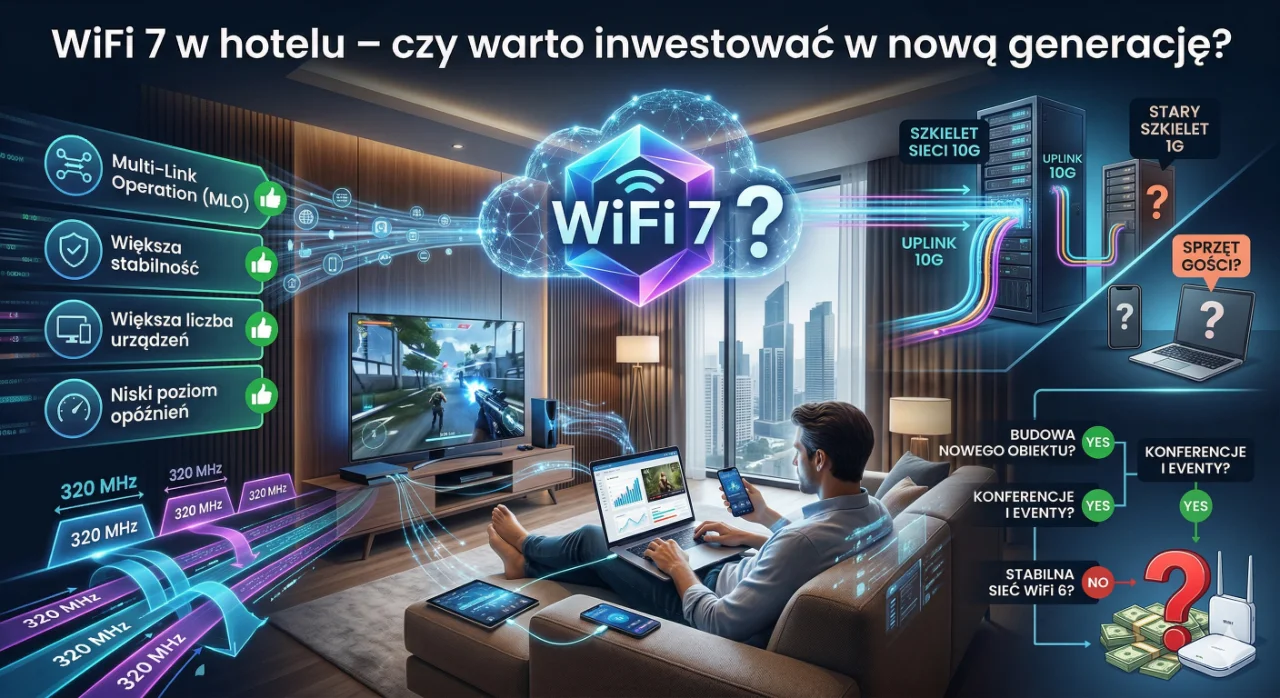 Infografika w stylu futurystycznego luksusowego pokoju hotelowego z widokiem na miasto, w którym siedzi mężczyzna na kanapie, otoczony wieloma urządzeniami (laptop, tablet, telefony, konsola do gier, duży telewizor). Tytuł na górze po polsku: "WiFi 7 w hotelu – czy warto inwestować w nową generację?". Centralnym elementem jest wielościanowa kostka z napisem "WiFi 7" i pytajnikiem, zawieszona w chmurze danych. Lewa strona (Argumenty Za): Lista czterech zalet z ikonami i zielonymi przyciskami "Tak": "Multi-Link Operation (MLO)" z ikoną strzałek. "Większa stabilność" z ikoną tarczy. "Większa liczba urządzeń" z ikoną wielu ekranów. "Niski poziom opóźnień" z ikoną wielokąta. Poniżej znajduje się ilustracja techniczna pokazująca wiele strumieni danych "320 MHz" łączących się w jeden duży kanał "320 MHz". Prawa strona (Infrastruktura i Decyzja): U góry po prawej, dwie szafy serwerowe. Jedna ma napis "SZKIELET SIECI 10G" z wielokolorowymi kablami, druga "STARY SZKIELET 1G" z pytajnikami. Poniżej, pytajniki w ramkach nad telefonem i laptopem z napisem: "SPRZĘT GOŚCI?". Na dole po prawej, diagram decyzyjny (drzewo decyzyjne) z warunkami: "BUDOWA NOWEGO OBIEKTU?" -> Tak (zielone kółko). "KONFERENCJE I EVENTY?" -> Tak (zielone kółko). "STABILNA SIEĆ WiFi 6?" -> Nie (czerwone kółko). Diagram wskazuje, że przy odpowiednich warunkach (budowa lub konferencje lub brak stabilnego WiFi 6) należy rozważyć inwestycję, co symbolizuje duży czerwony pytajnik nad stosami monet i banknotów oraz routerami, które mogą być elementem kompleksowej oferty firmy ibeeq w zakresie projektowania i budowy nowoczesnych sieci WiFi 6/7.