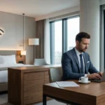 Nowoczesny, luksusowy pokój hotelowy z dużymi oknami z widokiem na miasto. W centralnej części mężczyzna w garniturze siedzi przy drewnianym biurku i pracuje na laptopie. W tle widać duże, zaścielone łóżko z tapicerowanym zagłówkiem. Nad łóżkiem na ścianie znajduje się artystyczna grafika i duża, podświetlana ikona Wi-Fi, symbolizująca szybkie połączenie.