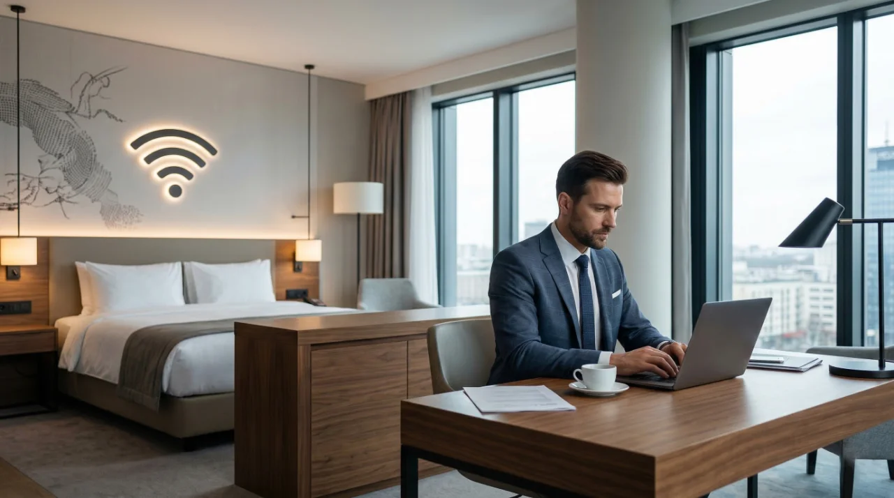 Nowoczesny, luksusowy pokój hotelowy z dużymi oknami z widokiem na miasto. W centralnej części mężczyzna w garniturze siedzi przy drewnianym biurku i pracuje na laptopie. W tle widać duże, zaścielone łóżko z tapicerowanym zagłówkiem. Nad łóżkiem na ścianie znajduje się artystyczna grafika i duża, podświetlana ikona Wi-Fi, symbolizująca szybkie połączenie.
