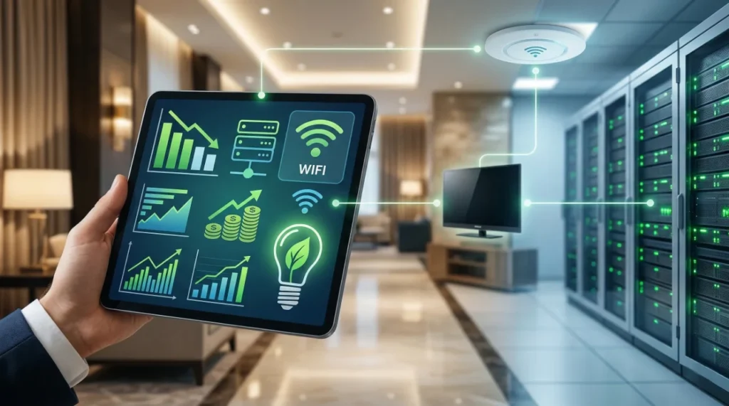 Grafika ilustrująca oszczędność energii w hotelu dzięki nowoczesnej infrastrukturze IT. Dłoń menedżera trzyma tablet z dashboardem pokazującym redukcję kosztów prądu. Tło przedstawia integrację systemów hotelowych z energooszczędną serwerownią, symbolizowaną przez eko-żarówkę z liściem.