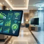 Grafika ilustrująca oszczędność energii w hotelu dzięki nowoczesnej infrastrukturze IT. Dłoń menedżera trzyma tablet z dashboardem pokazującym redukcję kosztów prądu. Tło przedstawia integrację systemów hotelowych z energooszczędną serwerownią, symbolizowaną przez eko-żarówkę z liściem.