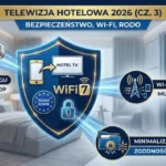 elewizja hotelowa 2026 (Cz. 3): Wi-Fi, RODO i bezpieczeństwo castingu". Centralnym elementem jest stylizowana tarcza bezpieczeństwa w kolorach granatowym i złotym, z ikonami castingu, Wi-Fi 7, logo RODO (GDPR) i kłódką. Trzy promienie cyfrowe łączą tarczę z klastrami etykiet: "IZOLACJA CASTINGU" (z barierą między pokojami), "WI-FI 7 & STABILNOŚĆ" (z anteną wieloużytkownikową) oraz "MINIMALIZACJA DANYCH" (z folderem danych). Na górnym banerze nagłówek "TELEWIZJA HOTELOWA 2026 (CZ. 3)" oraz podtytuł "BEZPIECZEŃSTWO, WI‑FI, RODO"