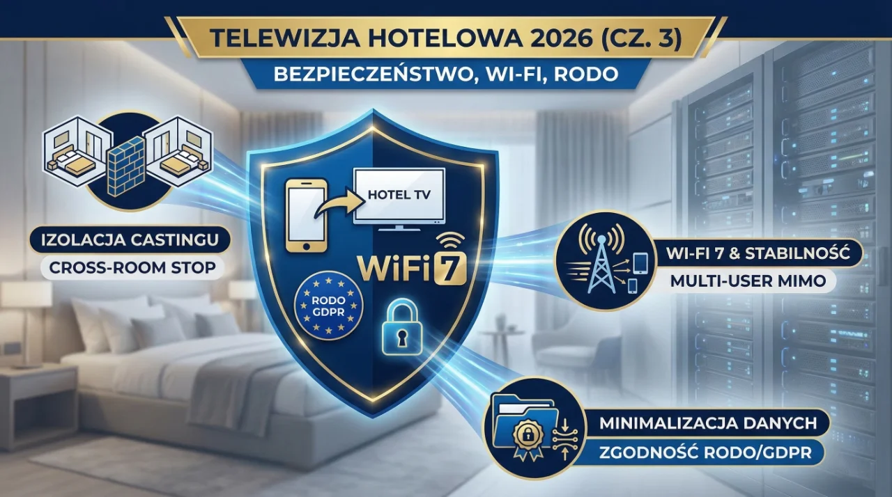 elewizja hotelowa 2026 (Cz. 3): Wi-Fi, RODO i bezpieczeństwo castingu". Centralnym elementem jest stylizowana tarcza bezpieczeństwa w kolorach granatowym i złotym, z ikonami castingu, Wi-Fi 7, logo RODO (GDPR) i kłódką. Trzy promienie cyfrowe łączą tarczę z klastrami etykiet: "IZOLACJA CASTINGU" (z barierą między pokojami), "WI-FI 7 & STABILNOŚĆ" (z anteną wieloużytkownikową) oraz "MINIMALIZACJA DANYCH" (z folderem danych). Na górnym banerze nagłówek "TELEWIZJA HOTELOWA 2026 (CZ. 3)" oraz podtytuł "BEZPIECZEŃSTWO, WI‑FI, RODO"