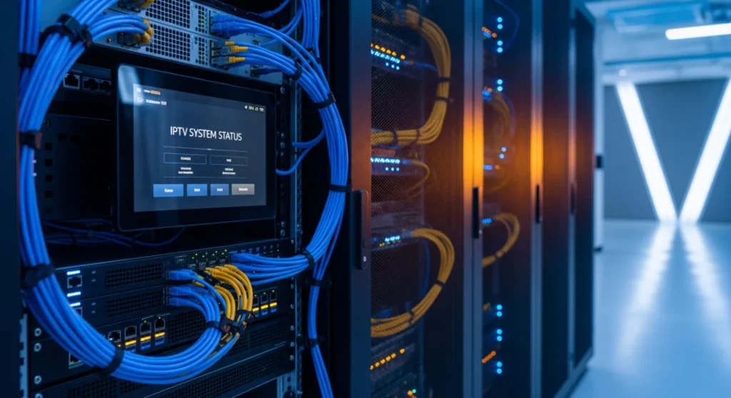 Nowoczesna szafa rack z systemem headend IPTV i profesjonalnym okablowaniem w hotelu – standard technologii hotelowej 2026.