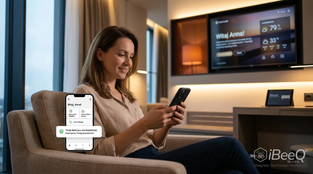 Kadr przedstawia uśmiechniętą kobietę siedzącą na jasnobeżowym fotelu w nowoczesnym, dobrze oświetlonym pokoju hotelowym, która patrzy na swój smartfon. Obok jej telefonu widać uniesiony interfejs aplikacji mobilnej z polskim tekstem. Na ekranie głównym aplikacji widnieje powitanie: "Witaj, Anna!" oraz opcje: "Moja rezerwacja," "Moje rachunki," i "Szybki check-out." Nad tymi opcjami wyświetla się wyskakujące okienko z pytaniem o zgodę na RODO, z tekstem: "Zgoda na RODO. Akceptuję politykę prywatności, żeby móc...". Tło stanowi elegancki pokój hotelowy z dużym telewizorem z ekranem powitalnym (również z napisem "Witaj Anna!"), biurkiem z komputerem, ciepłym oświetleniem nastrojowym i dużym oknem z rozmytym widokiem na panoramę miasta o zmierzchu. W prawym dolnym rogu obrazu znajduje się logo "iBeeQ." Obraz ilustruje integrację technologii i personalizacji w branży hotelarskiej.