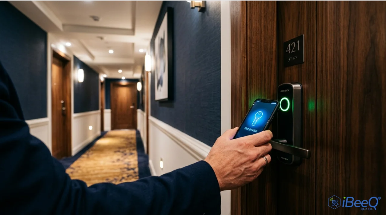 Mężczyzna otwiera drzwi do pokoju hotelowego numer 421, zbliżając smartfon do inteligentnego zamka. Na ekranie telefonu widoczna jest ikona klucza i komunikat „Unlocked”, a pierścień na zamku świeci się na zielono, sygnalizując otwarcie drzwi. W tle widać nowoczesny korytarz hotelowy.