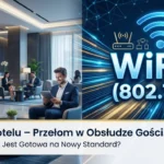 Obrazek wyróżniający przedstawiający nowoczesne lobby hotelowe, gości korzystających z urządzeń mobilnych oraz dynamiczną wizualizację sieci WiFi 7 (802.11be) z logotypem iBeeQ.