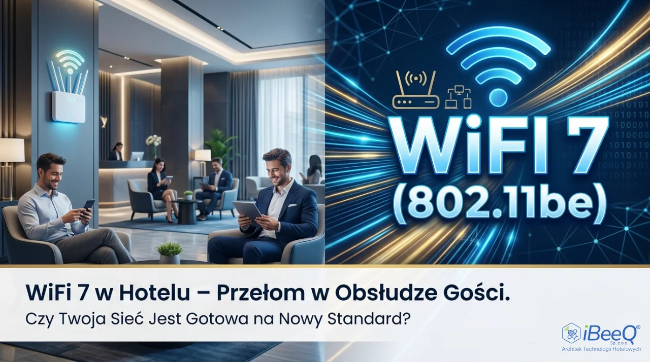 Obrazek wyróżniający przedstawiający nowoczesne lobby hotelowe, gości korzystających z urządzeń mobilnych oraz dynamiczną wizualizację sieci WiFi 7 (802.11be) z logotypem iBeeQ.