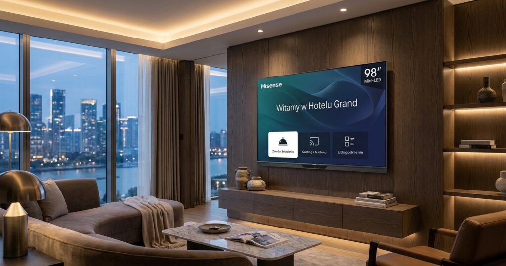 Telewizor Hisense 98 cali Mini-LED w apartamencie hotelowym z ekranem powitalnym systemu Hoteza