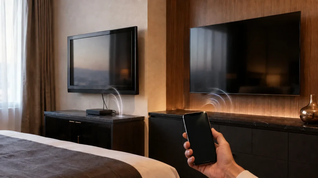 Casting z telefonu na telewizor w pokoju hotelowym — po lewej starszy telewizor z przystawką HDMI, po prawej nowy telewizor hotelowy bez dodatkowego sprzętu